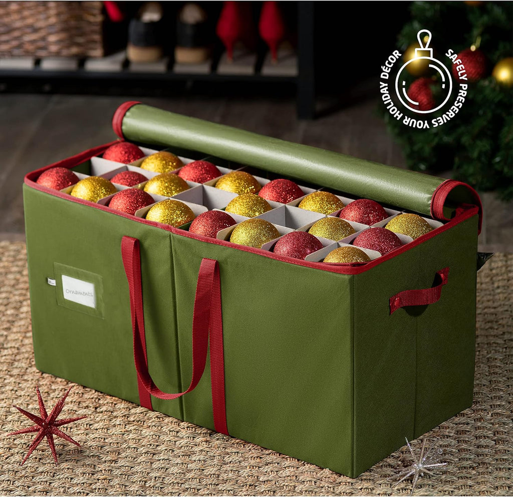 ZOBER Large Christmas Ornament Storage Box - Organizes 128 3" Ornaments with Dividers - Durable Green Container with Extra Pockets & Dual Zipper