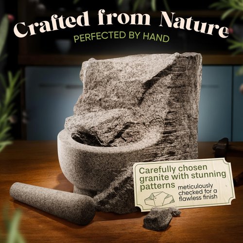 ChefSofi 3.5 Cup-Capacity Mortar and Pestle Set - Unpolished Heavy Granite for Enhanced Performance and Organic Appearance