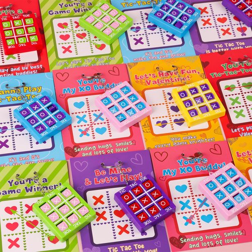 NAWITDA 24 Pack Valentines Day Gifts for Kids Classroom Valentines Day Cards for Kids with Tic-Tac-Toe Game Keychains, Valentines Class Exchange Gifts School Party Favors for Boys Girls