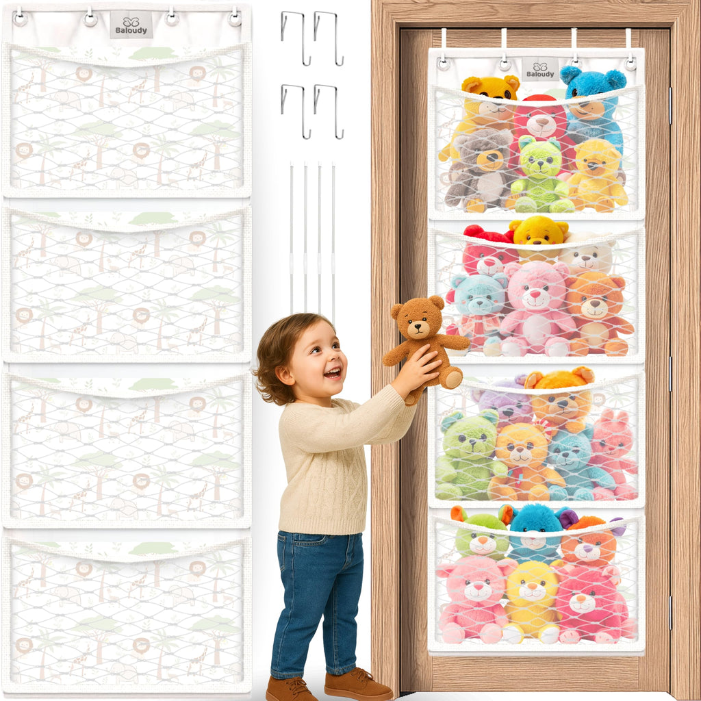 Baloudy Stuffed Animal Storage – Over Door Toy Organizer for Plush, Stuffies & Soft Toys – Large Mesh Bag Hammock Hanging Storage for Girls, Boys, Toddlers, Baby Room – Space Saver Solution (jungle)
