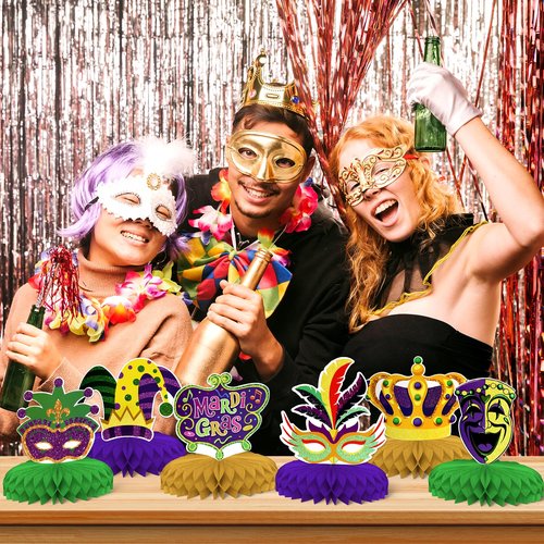 Mardi Gras Theme Party Decorations,8 PCS KSKSPE Mardi Gras Centerpieces for Tables Honeycomb Centerpieces 3D Mardi Gras Theme Party Decor Supplies Boys Girls