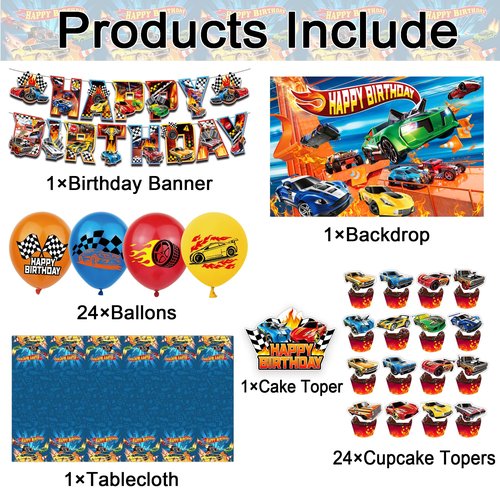 52Pcs Hot Car Birthday Party Decorations, Birthday Party Supplies for Hot Car Includes Banner, Backdrop, 24 Balloons, Cake Topper, 24 Cupcake Toppers, TableCloth