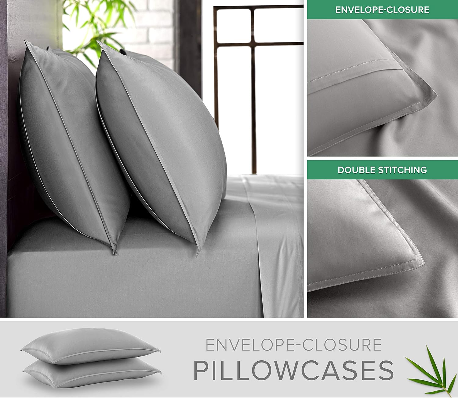 Pure Bamboo Twin Sheet Set - 100% Organic Viscose, Luxuriously Soft & Cooling | Stone Grey, Double Stitching