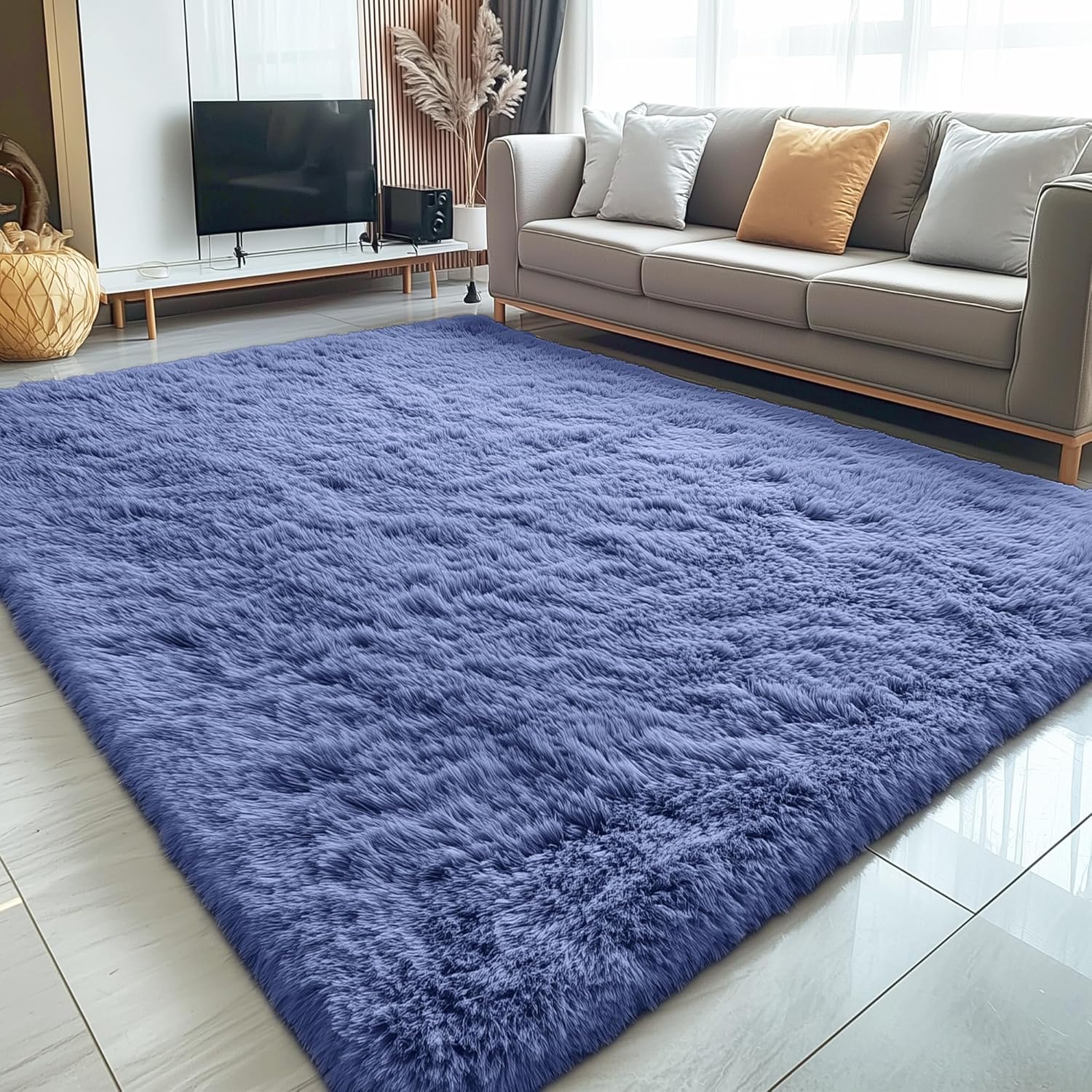 OLANLY Large 5x7 Machine Washable Area Rug - Soft Fluffy Shaggy Carpet for Living Room & Bedroom - Denim Blue