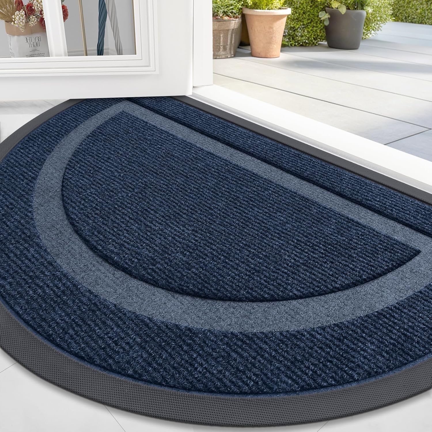 OLANLY Half Circle Door Mat - Waterproof All-Season Doormat for Indoor/Outdoor Use | 47x23, Blue