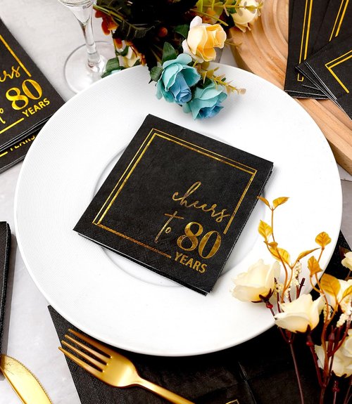 Cheers to Years Cocktail Napkins | 50-Pack 3-Ply Disposable Birthday & Anniversary Napkins - Black & Gold 5x5 Inches