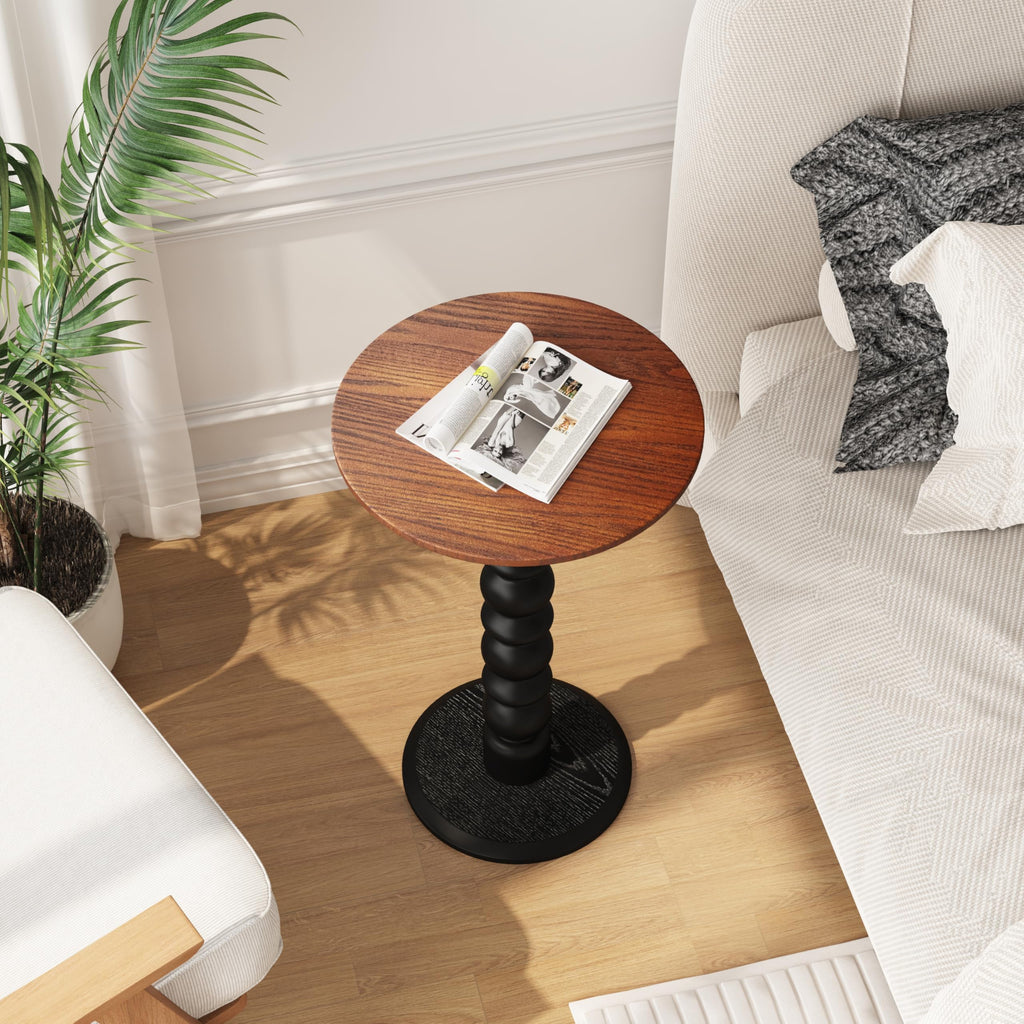 zaowofires Solid Wood Round Side Table, Small Drink Table,Cocktail Table, Wooden Pedestal End Table, Plant Stand for Living Room, Bedroom，Office and Corners(Walnut/Black)