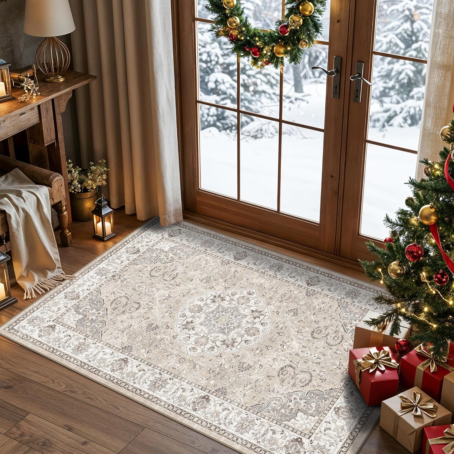 Skiennix Washable 3x4 Floor Mats - Non-Slip Water-Resistant Area Rug for Kitchen & Living Room | Beige