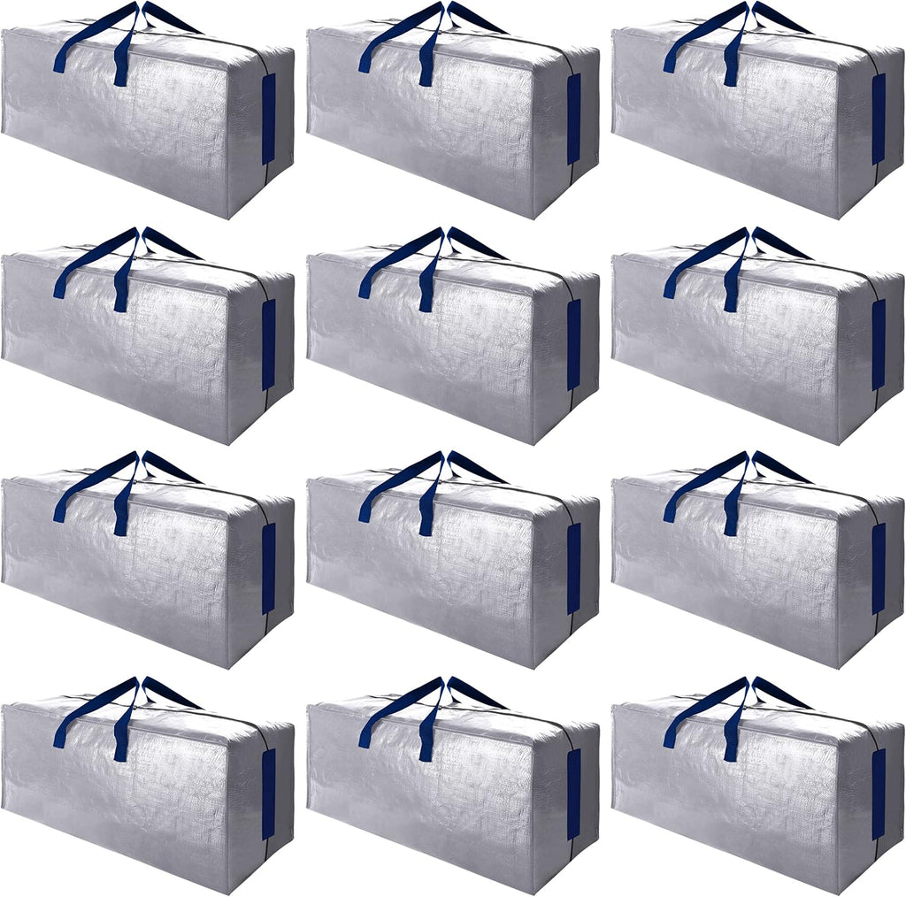 Sweet Dolphin Extra Large Moving Bags - Heavy Duty Storage Totes with Strong Zippers & Handles | 12 Pack, Silver