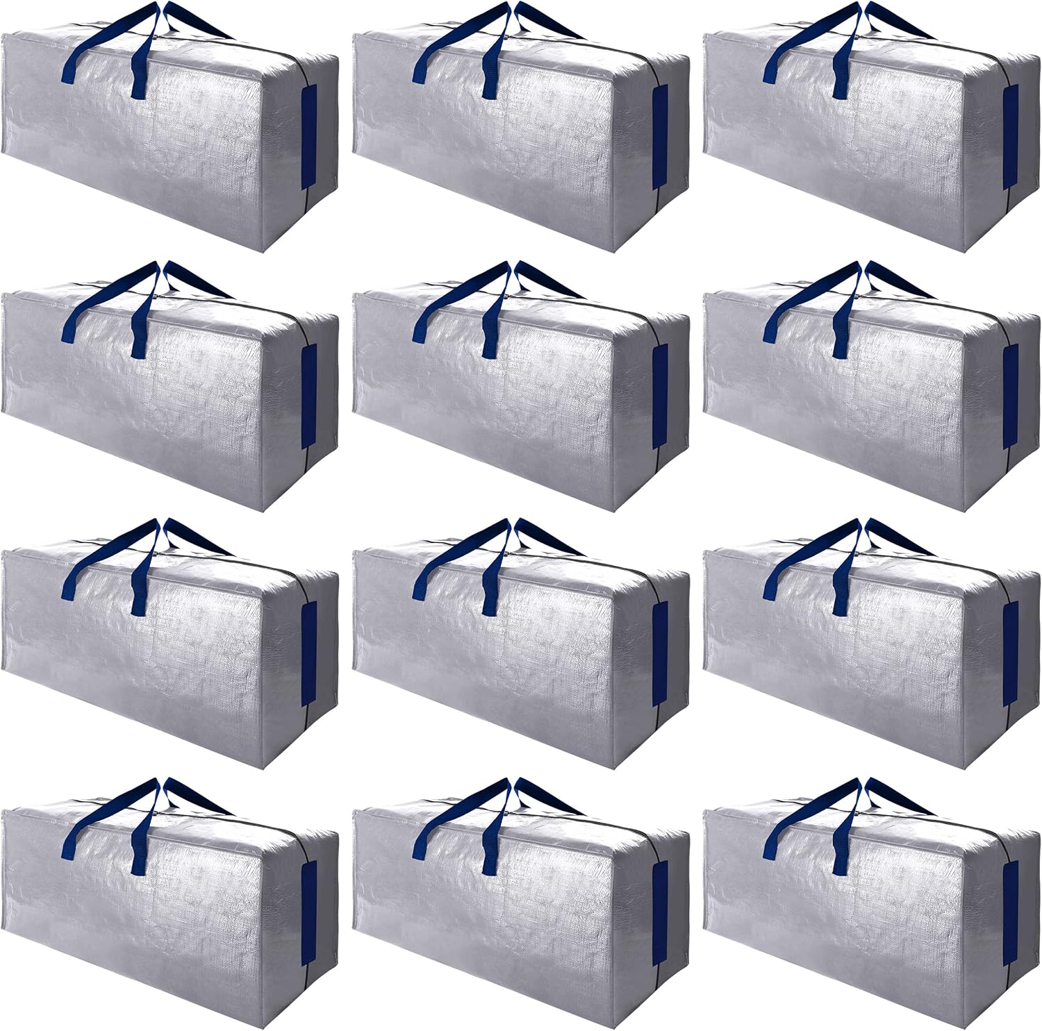 Sweet Dolphin Extra Large Moving Bags - Heavy Duty Storage Totes with Strong Zippers & Handles | 12 Pack, Silver