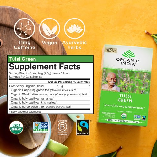 Organic India Tulsi Green Herbal Tea - Stress Relieving & Balancing, Immune Support, Adaptogen, Vegan, USDA Certified Organic, Caffeine-Free - 18 Infusion Bags, 6 Pack