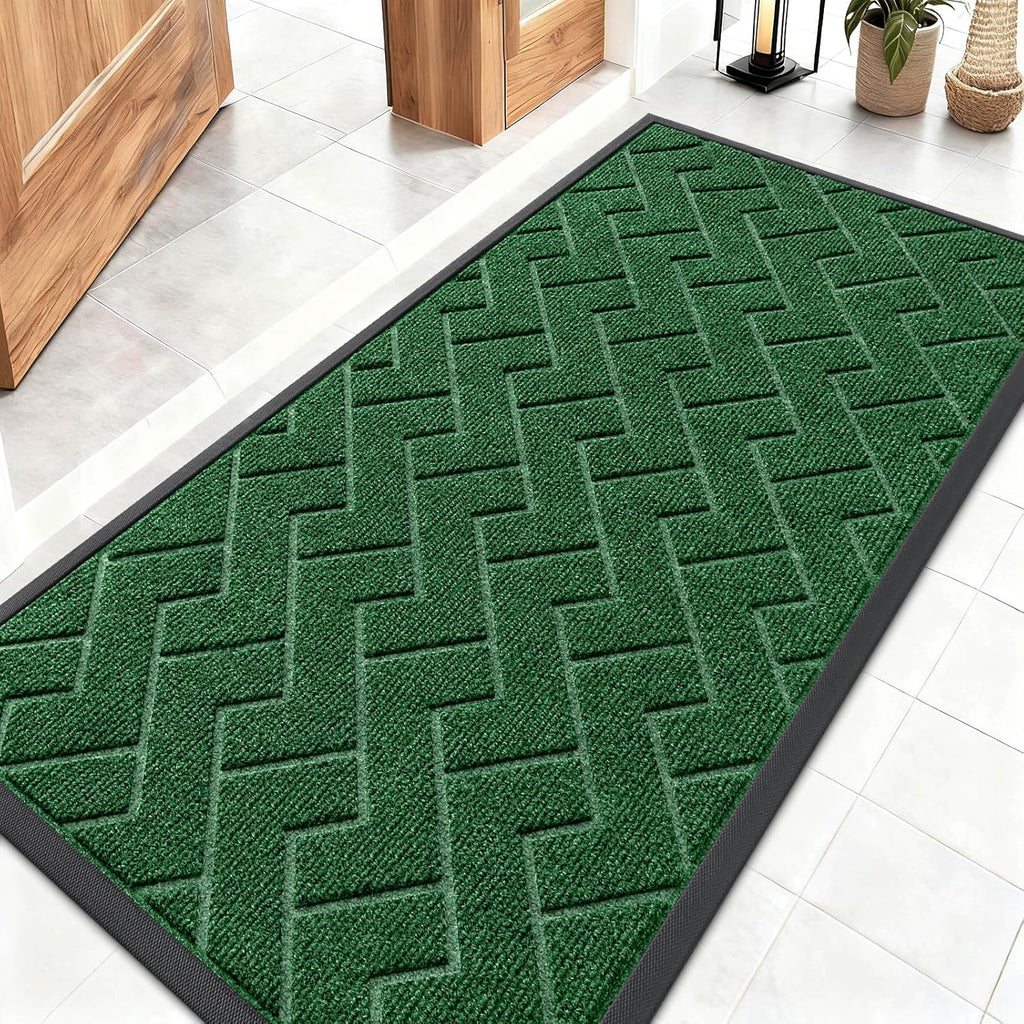 OLANLY Indoor Outdoor Front Door Mat - Waterproof All-Season Herringbone Design | Easy Clean, 47x23 Inches, Green