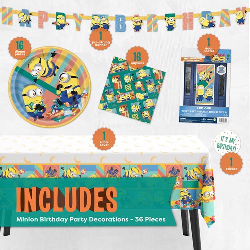 Minion Birthday Party Decorations | Serves 16 | Banner, Tablecloth, Door Poster Photo Backdrop, Plates and Napkins | Officially Licensed
