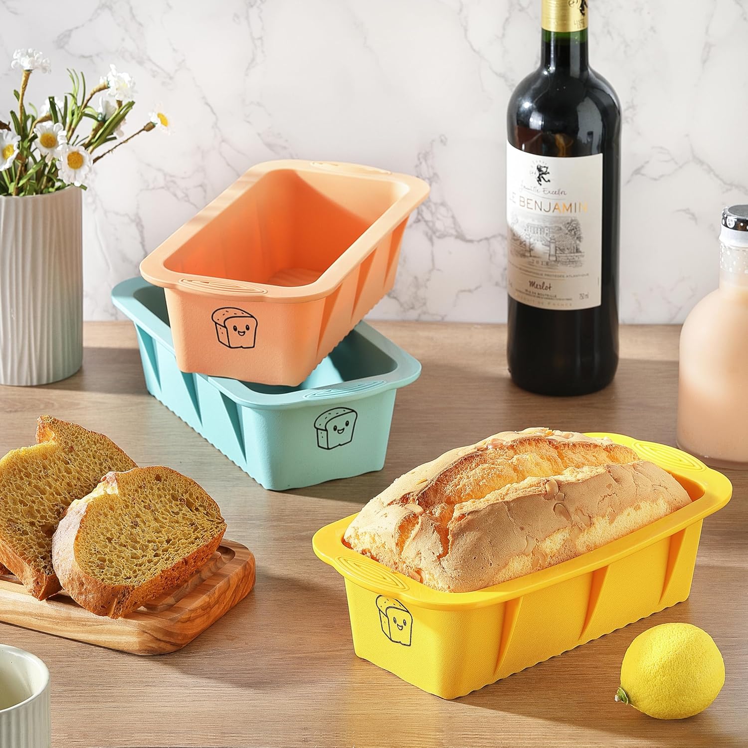 Skiennix Silicone Bread Loaf Pan Set - Non-Stick Baking Pans for Homemade Bread & Cakes | 3 Colors, Dishwasher Safe