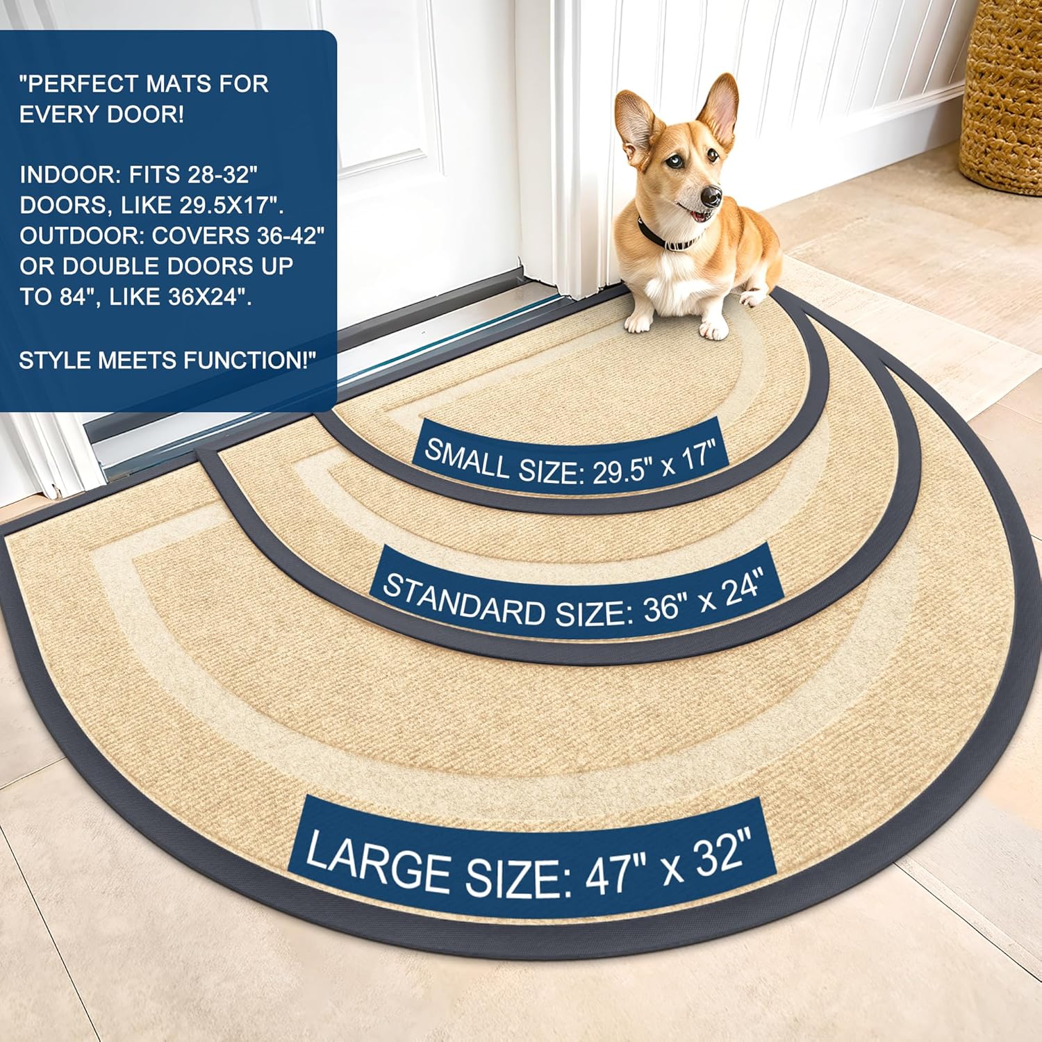 OLANLY Half Circle Door Mat - Waterproof All-Season Indoor/Outdoor Doormat, Easy Clean, 29.5x17, Beige