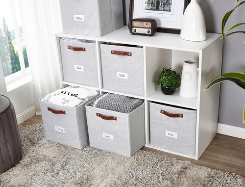 DECOMOMO Storage Baskets - 13x15x13 Cube Bins with Labels for Organized Shelves | Light Grey (4pcs)
