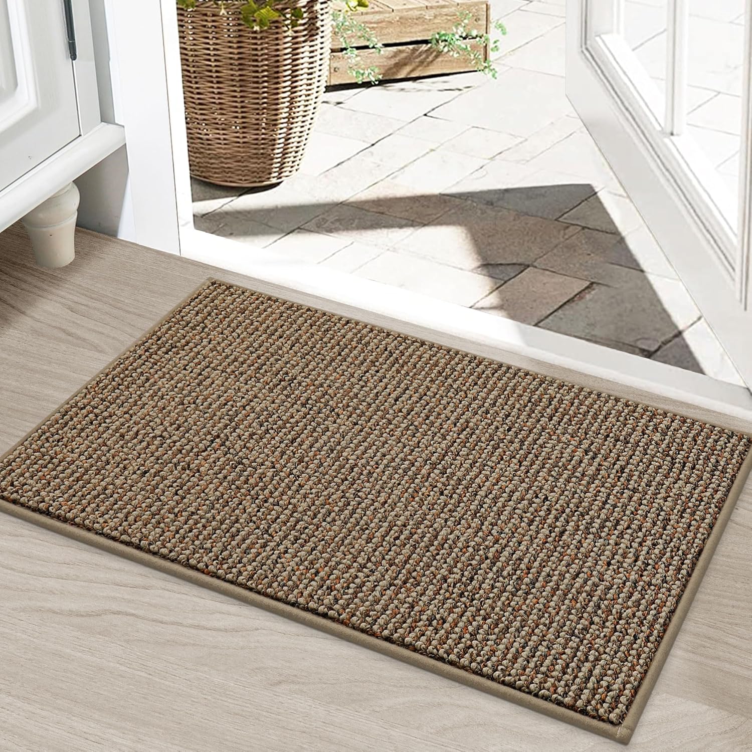 BEQHAUSE Indoor Door Mat & Stair Treads Set - Non-Slip, Stain-Resistant, Washable | 20"x32" Mat & 15 Pcs Taupe Treads