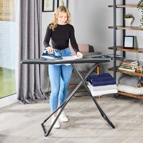 Minky Homecare Ergo Plus Prozone Ironing Board - Full Size Freestanding with Heat Reflective Cover | 48" x 15" (Gunmetal & Blue)