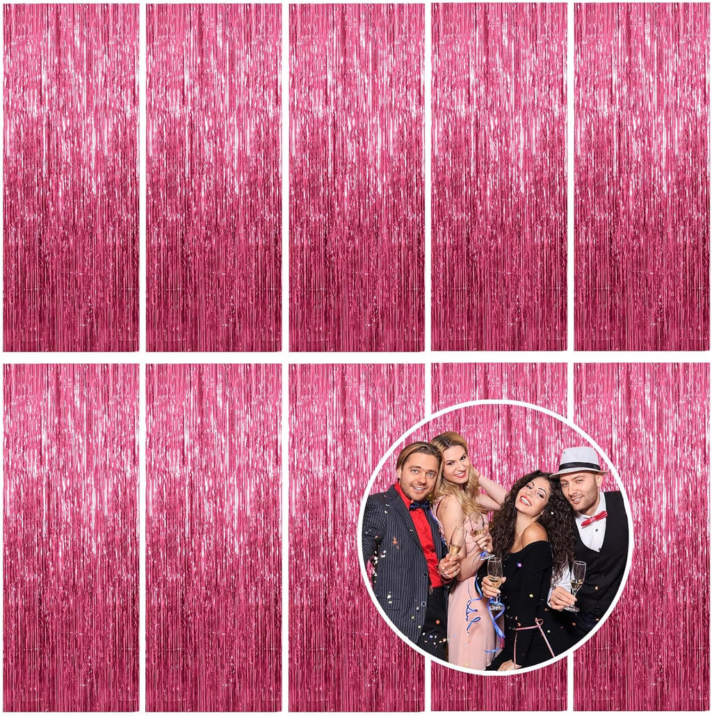 Skiennix Pink Metallic Foil Curtain Backdrop - 10 Pack Tinsel Fringe for Parties & Celebrations