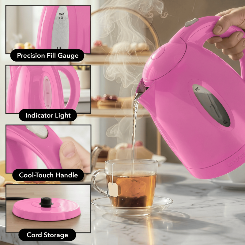 Electric Kettle 1.7L - 1100W Fast Boiling Water, Pink