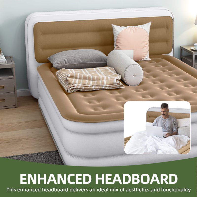 Queen Size Inflatable Air Mattress with Built-in Headboard and Pump - Durable Flocked Top, Portable for Indoor & Outdoor Use