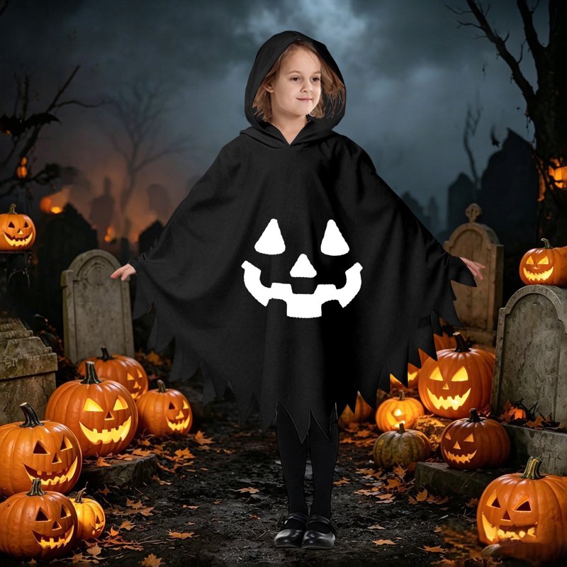 Kids Ghostface Halloween Costume Cape - Unisex Hooded Dress Up for 10-12 Years, Black