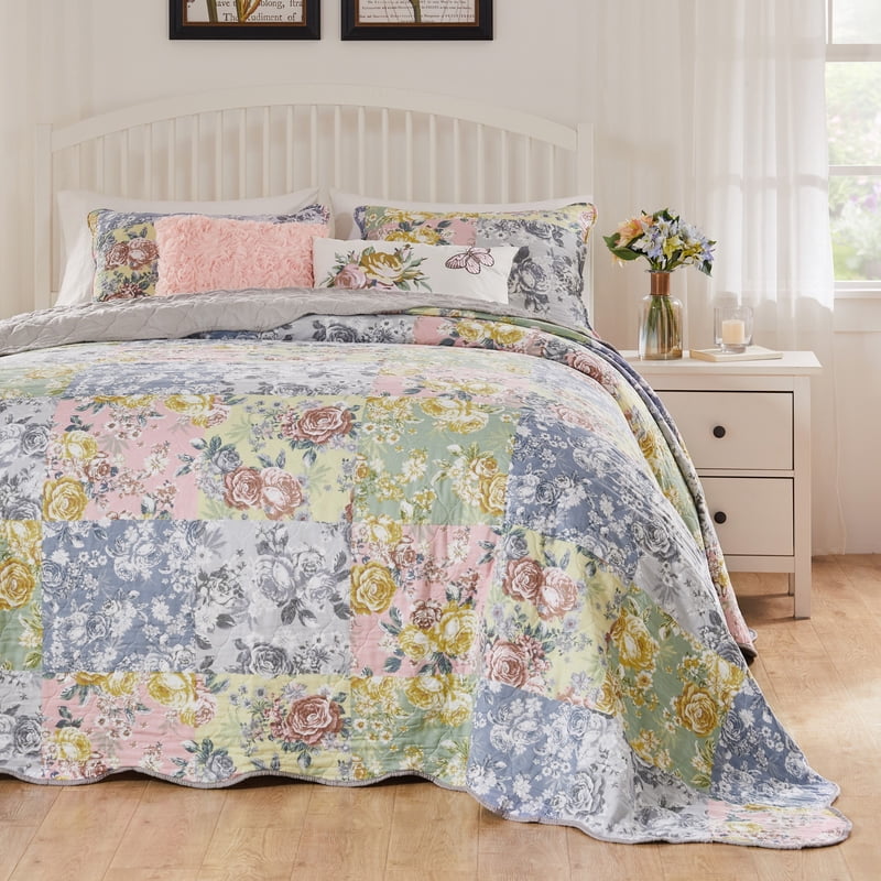King Floral Quilt Bedspread Set with Pillow Shams - Gray Cotton Cover
