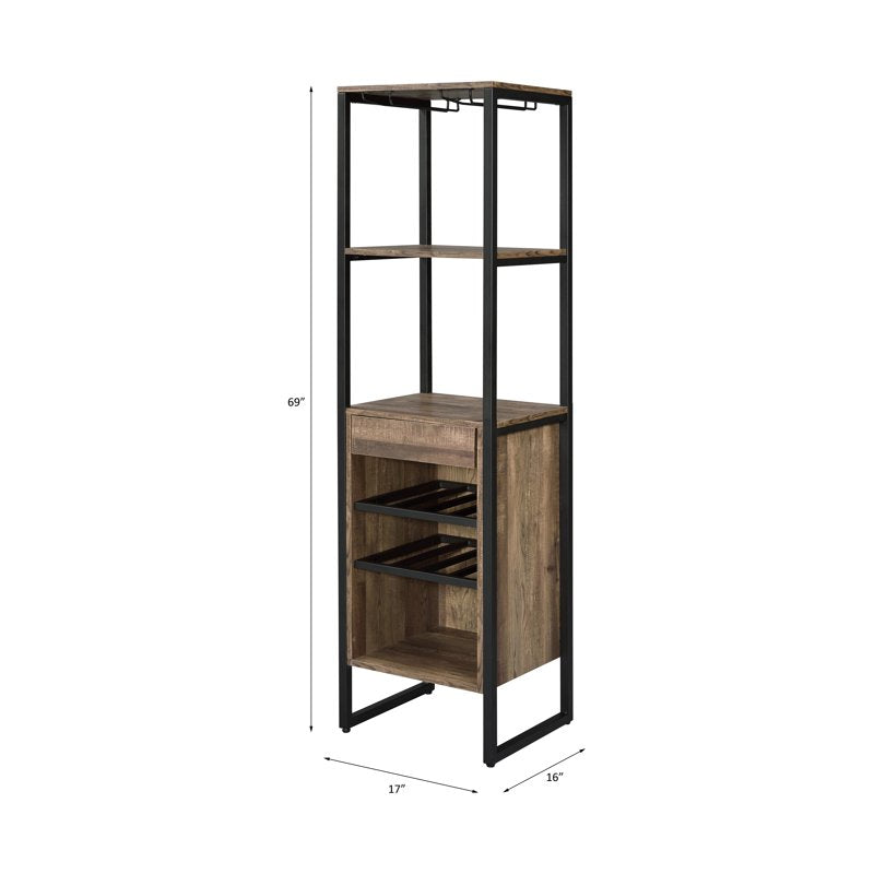 Oak Finish Wine Rack with Drawer and Open Compartments
