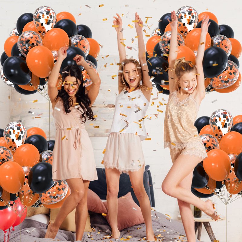 Halloween & Birthday Latex Balloons Set - Black & Orange Confetti, 30pcs - Variation A