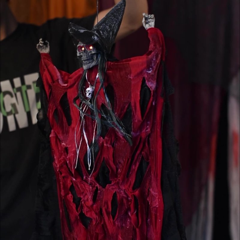 Halloween Animated Hanging Witch Decor - Red, Sound Activated Ghost Prop