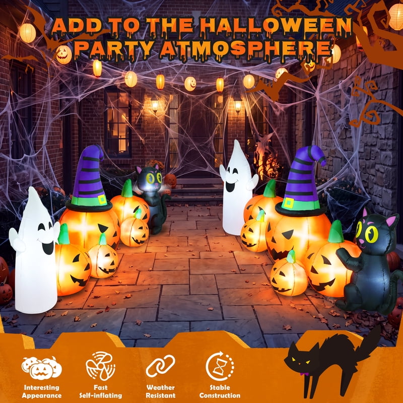 Halloween Inflatable Pumpkin with Ghost and Black Cat - 8FT Family Decor - Variation of 5 Pumpkins
