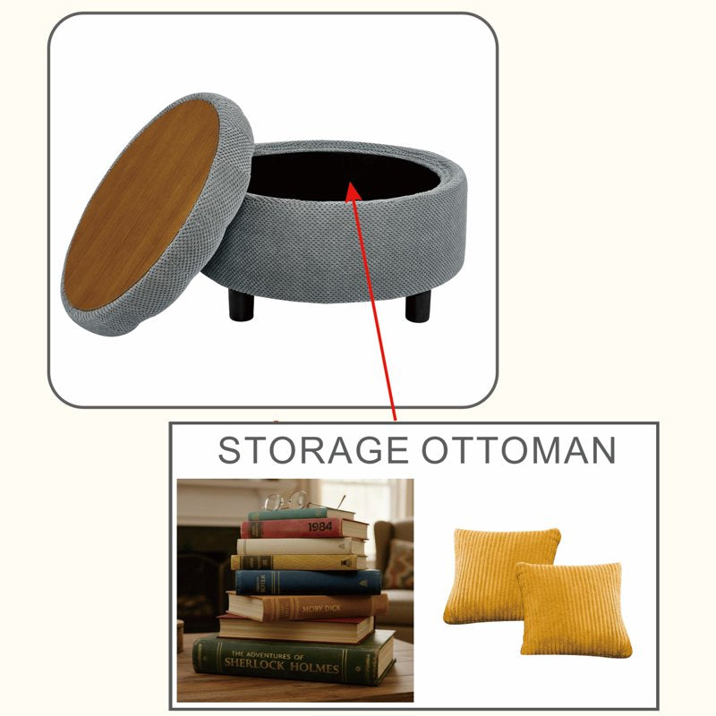 Round Storage Ottoman with Reversible Tray - Multiple Colors