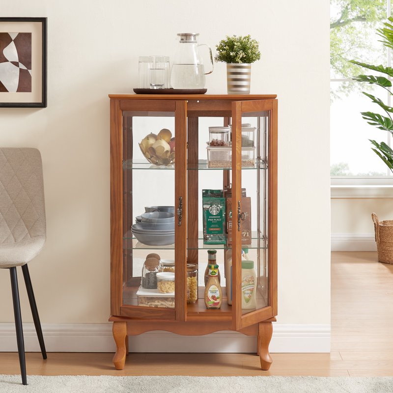 Curio Display Cabinet with Light & Tempered Glass Doors - Oak