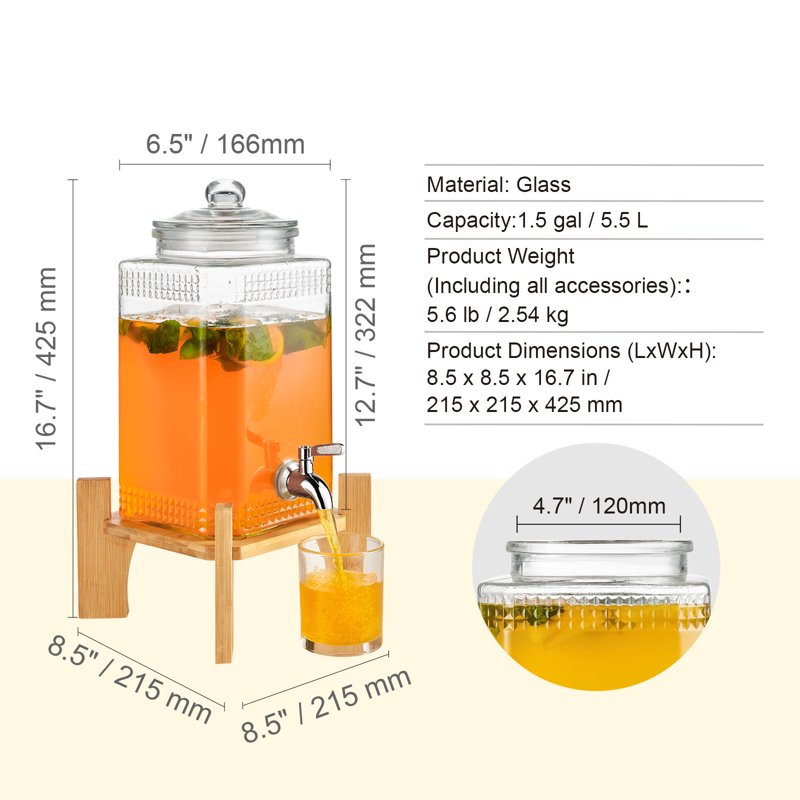 1.5 Gallon Glass Beverage Dispenser with Stainless Steel Tap