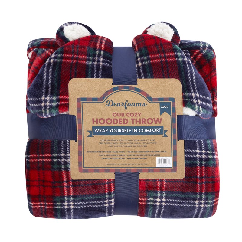 Adult Hooded Throw Blanket with Sherpa Reverse 50x60 inches - Cozy Plush & Plaid Design