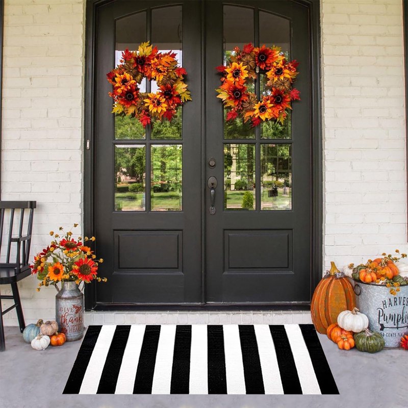 Outdoor Fall Rug Halloween Thanksgiving Doormat 15.7x23.6in Black Layered Entrance Mat