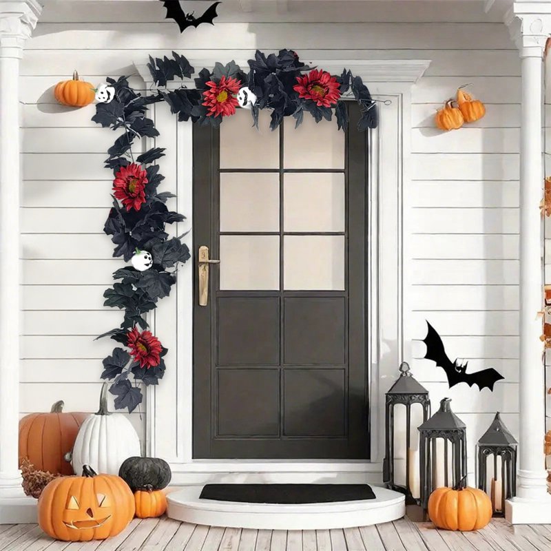 Halloween Garland Decor with Black Wreath - 68.9in Seasonal Wall Decor - Variation B