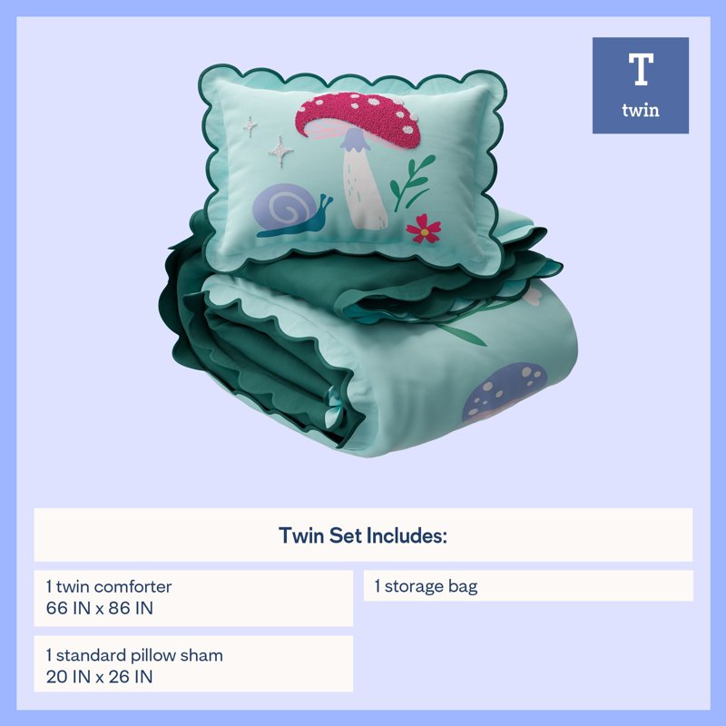 Kids Fairy Garden Comforter Set Twin - Textured Unicorn & Mushrooms Bedding