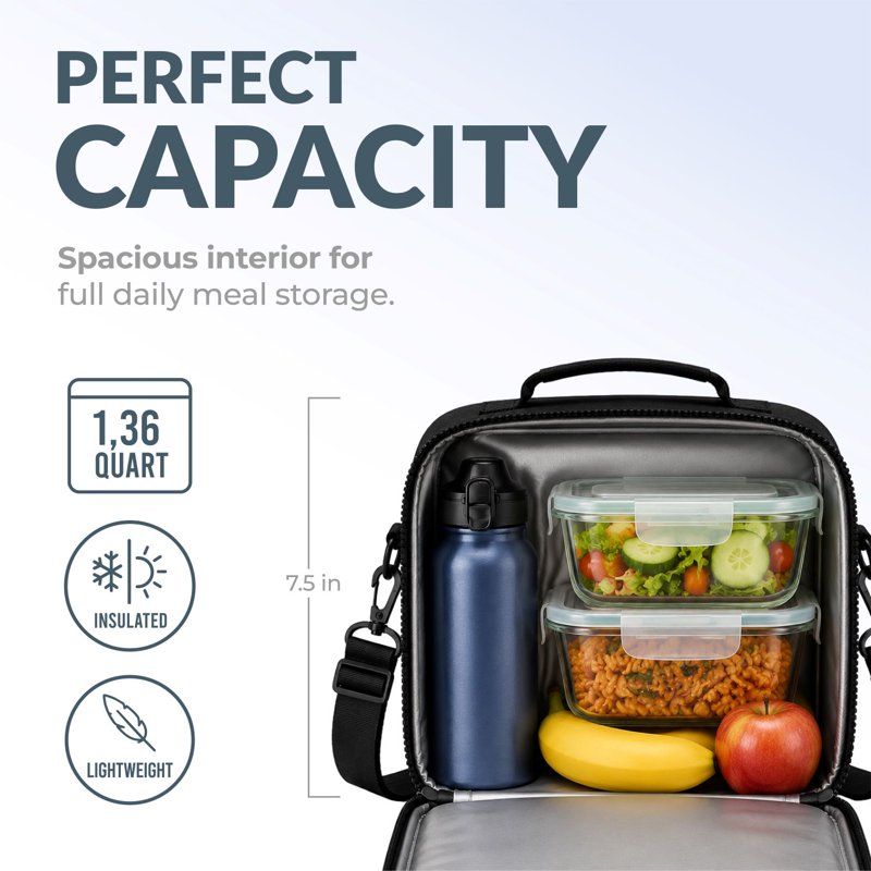 Insulated Neoprene Lunch Bag for Kids & Adults - Black, 1.36 qt