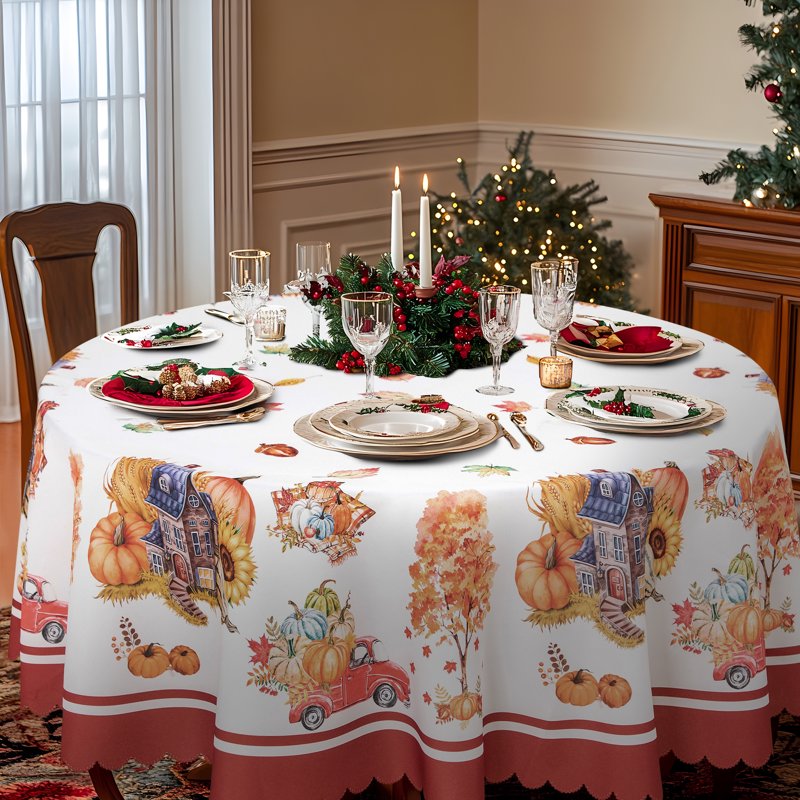 Christmas Tablecloth 60 Inch Round - Heavy Duty Polyester, Yellow & Red