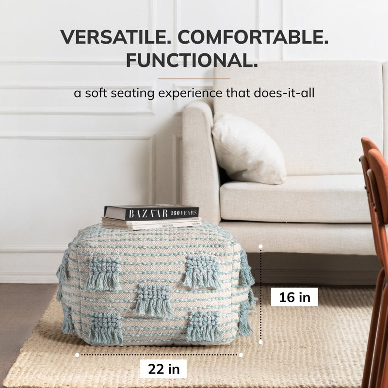 French 75 22x22x16 Inch Beige & Green Pouf - Versatile Accent Ottoman - Handmade