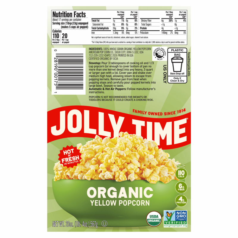 Organic Yellow Popcorn Kernels - 20 oz Resealable Bag
