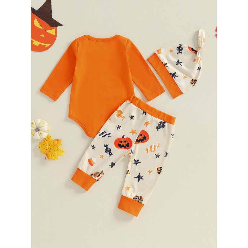 Baby Boy Halloween Outfit Set - Letter Pumpkin Embroidery Romper Pants Hat 12-18 Months Orange B