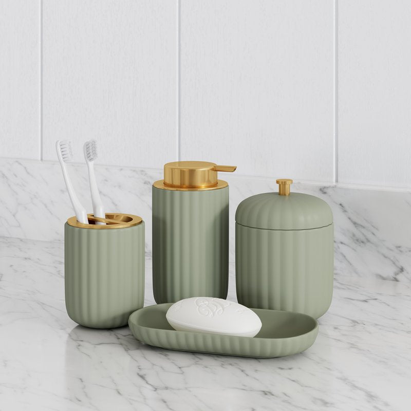 Bathroom Canister with Lid - Green Ceramic Storage Jar - Compact & Modern