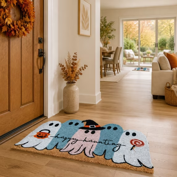 Halloween Ghost Welcome Doormat - Spooky Entryway Rug with Pumpkin & Polka Dot Background - Variation 05_Ghost Doormat Prod20 E