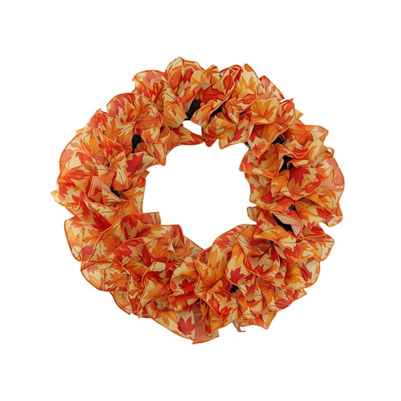 Nkmbld Fall Wreath for Front Door - Large Orange Maple Leaf Ruffled Fabric, Halloween & Thanksgiving Decoration E-9