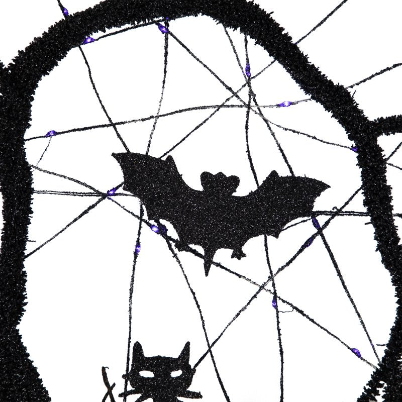 LED Halloween Wreath with Bats and Purple Lights - 13 Inch Black Twig Decor