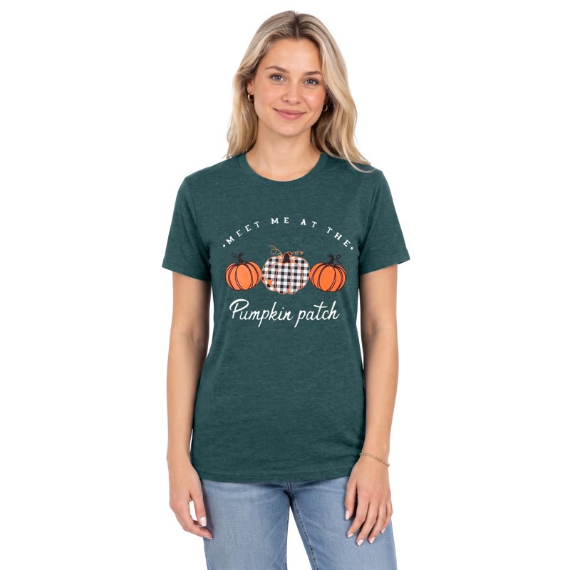 Women Halloween Pumpkin Plaid Graphic T-Shirt - Dark Green, XL