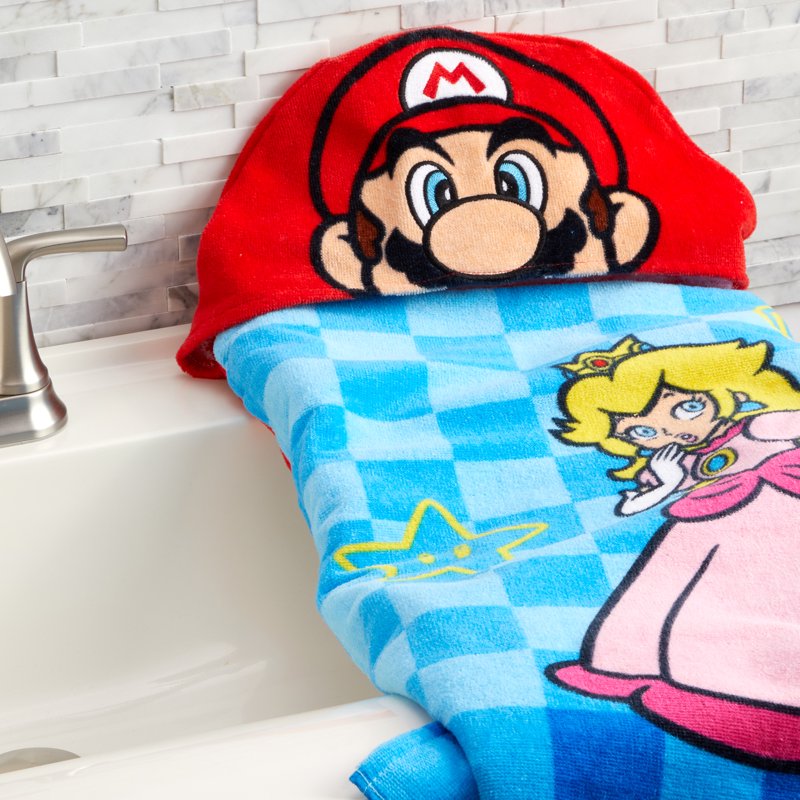 Kids Hooded Bath Towel with Super Mario Characters - 100% Cotton