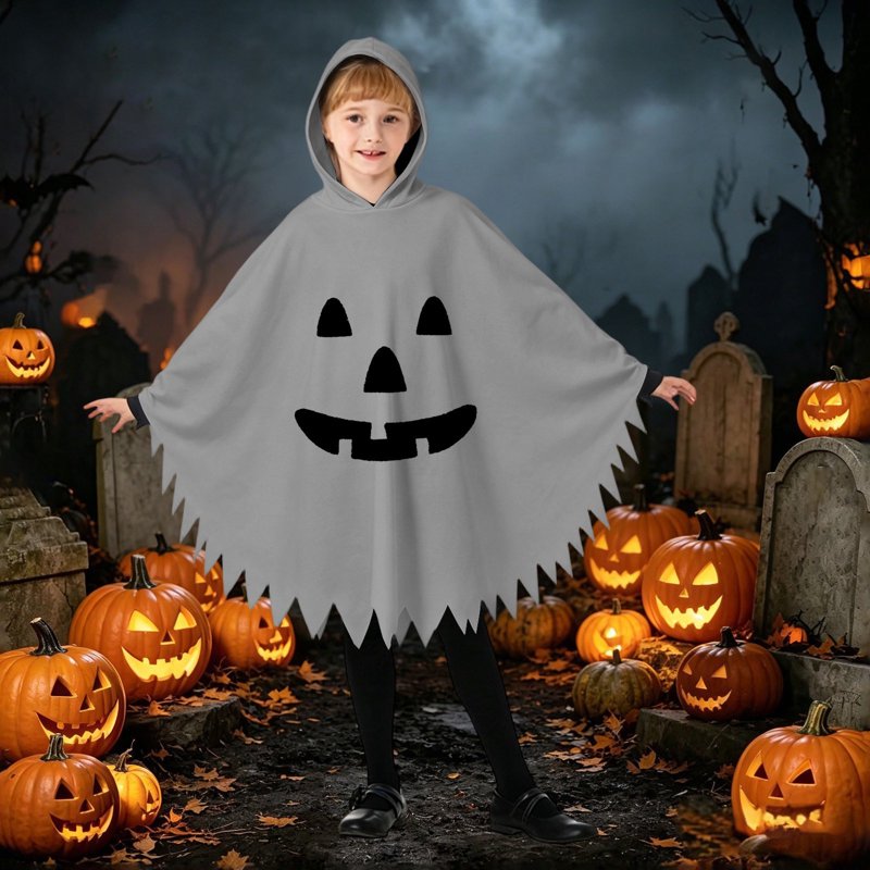 Kids Ghostface Costume Cape Unisex Hooded Dress Up Cloak for 7-9 Years - Grey-D Fancy Dress